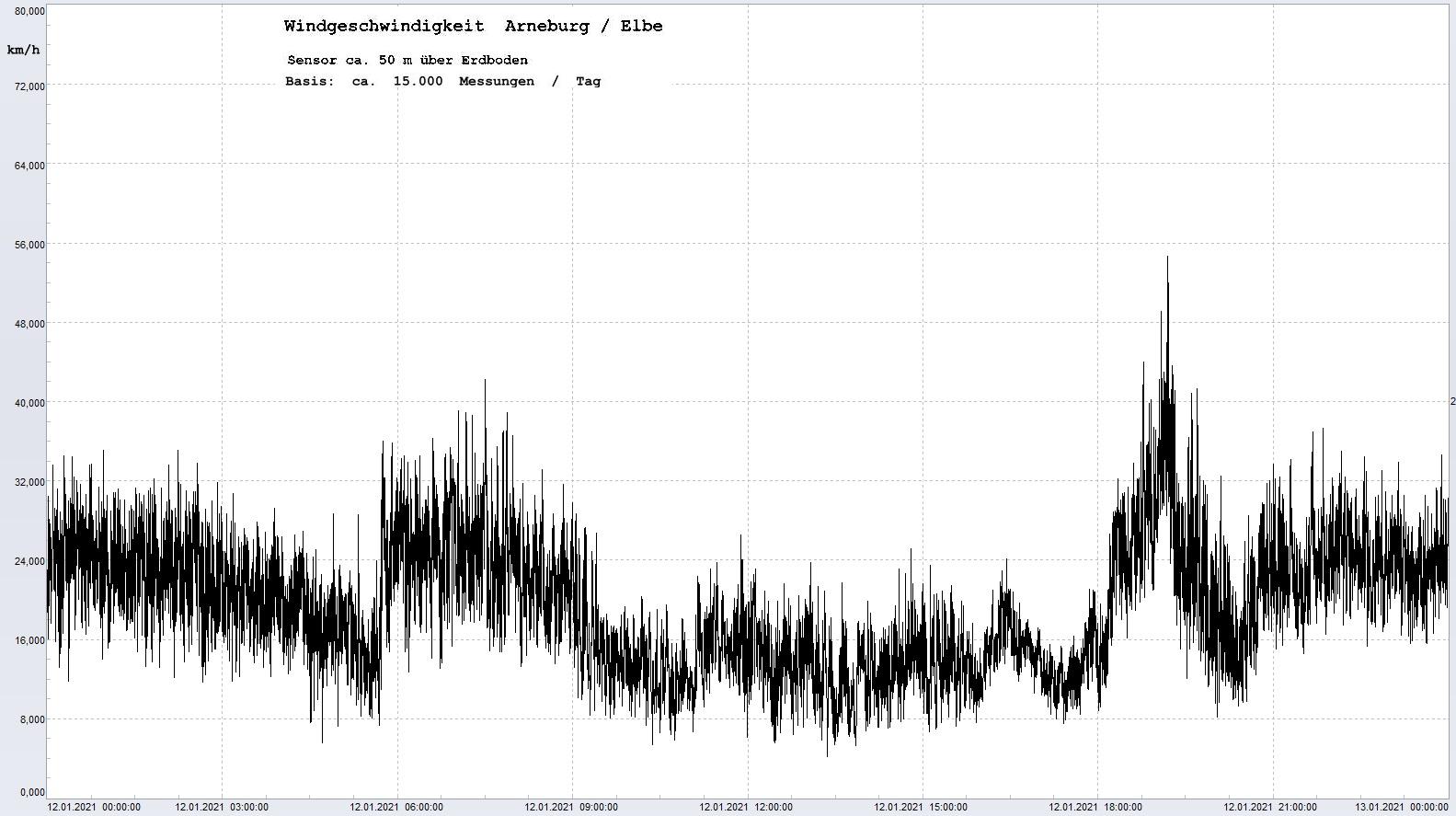 Arneburg Tages-Diagramm Winddaten, 12.01.2021
  Diagramm, Sensor auf Gebude, ca. 50 m ber Erdboden, Basis: 5s-Aufzeichnung